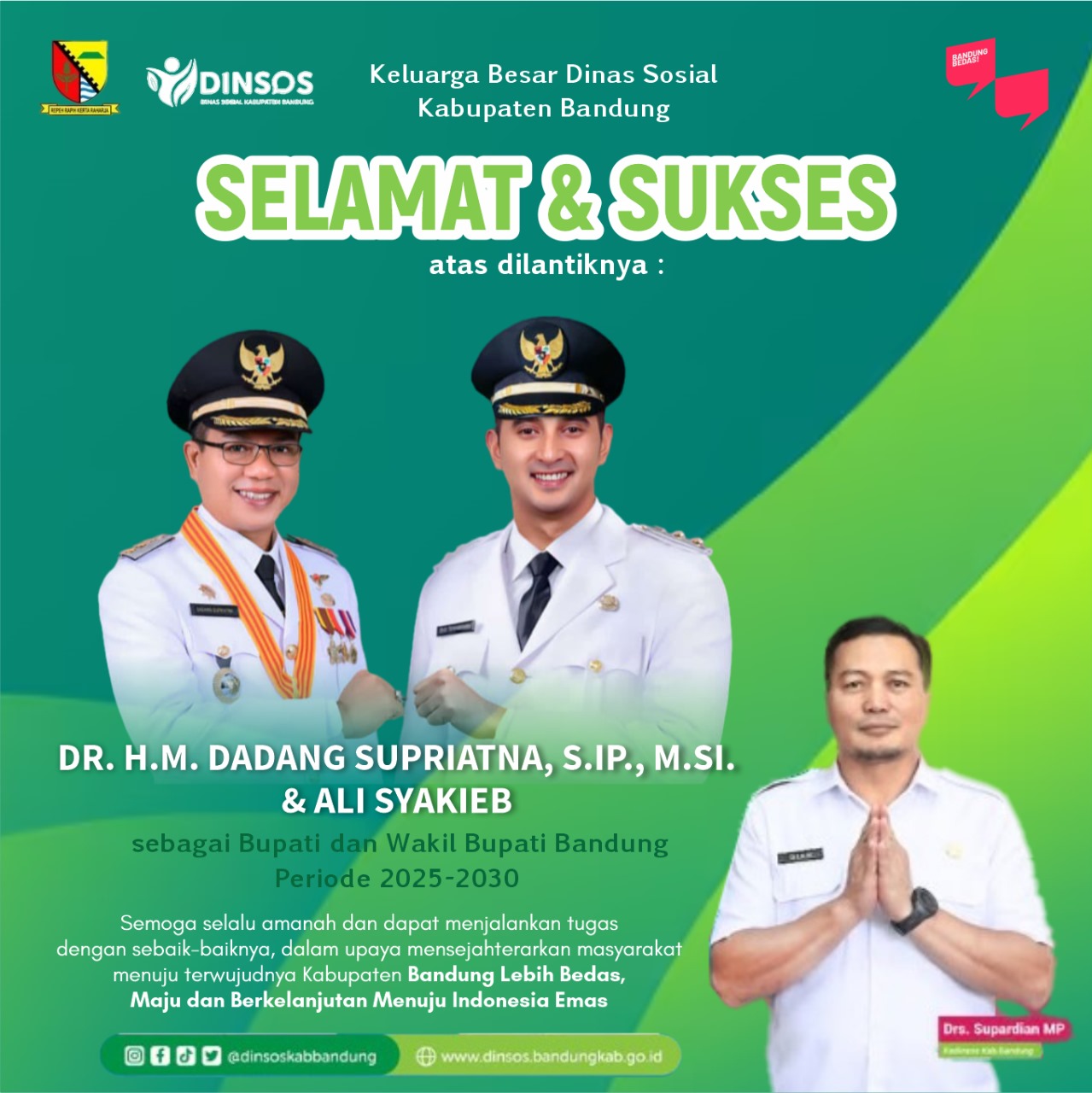 Selamat & Sukses atas dilantiknya Bupati dan Wakil Bupati Bandung Periode 2025-2030 oleh Drs. Supardian, M.P