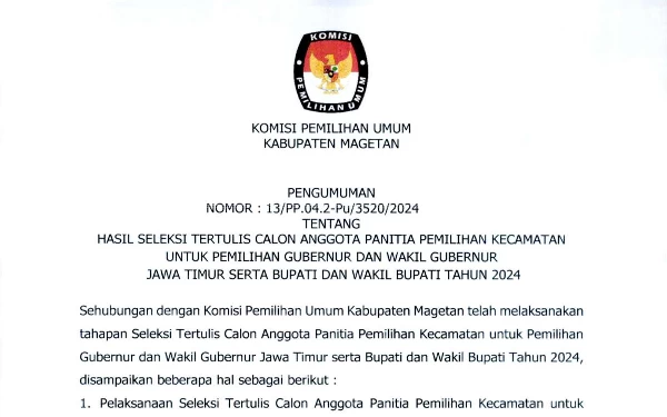 Thumbnail Berita - KPU Magetan Umumkan Hasil Seleksi Tertulis Calon PPK, 182 Orang Lolos ke Tahap Wawancara